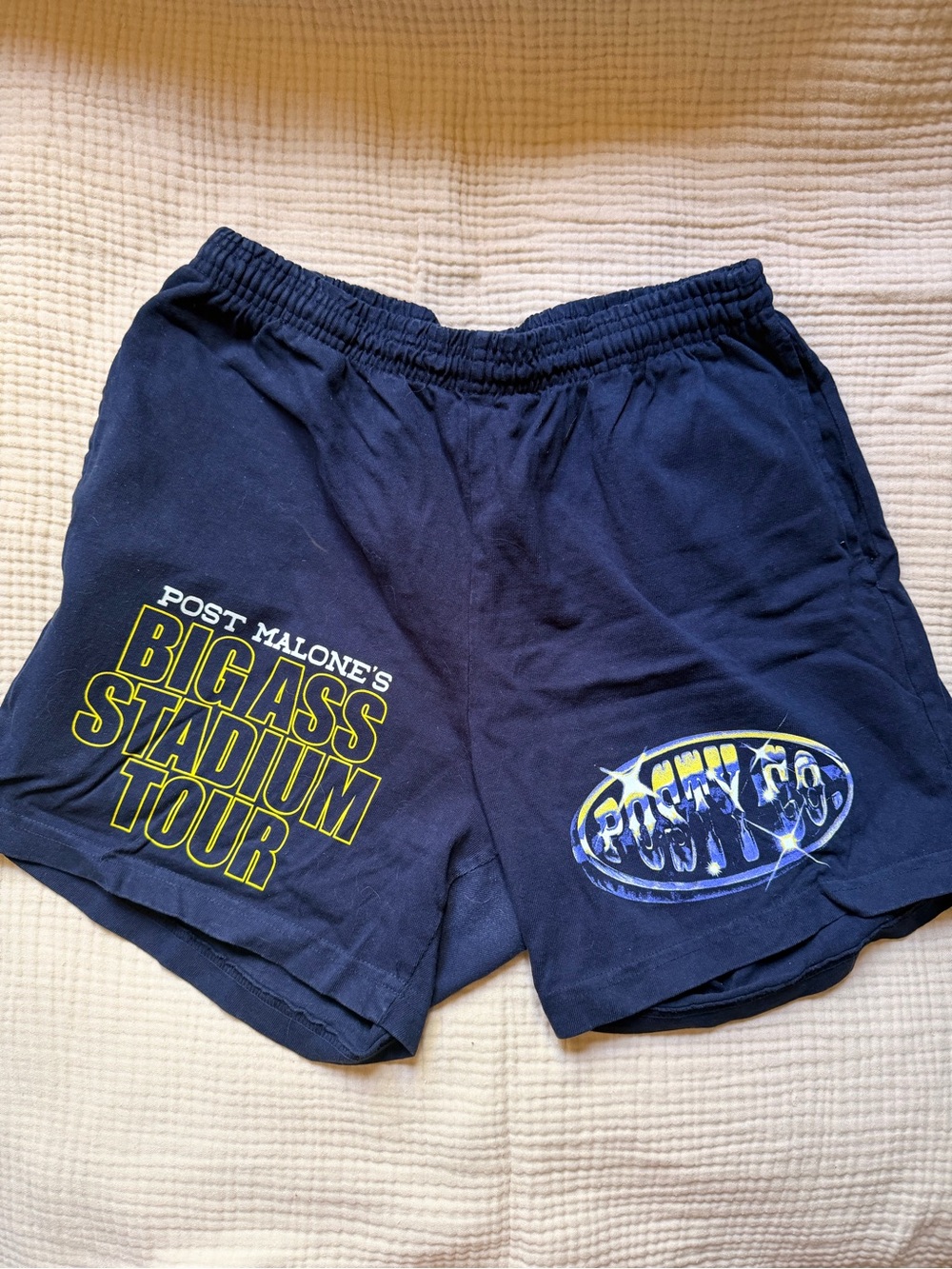 Post Malone Navy Athletic Tour Shorts with Yellow Graphics